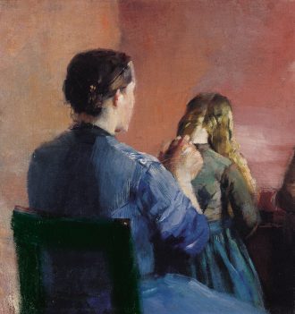 Christian Krohg. En mor fletter sin lille datters hår