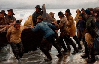 Michael Ancher. Fiskere i færd med at sætte en rorsbåd i vandet. 1881