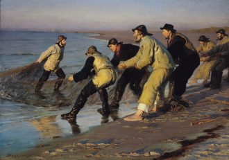 Fiskere trækker vod på Skagen Nordstrand. Sildig eftermiddag